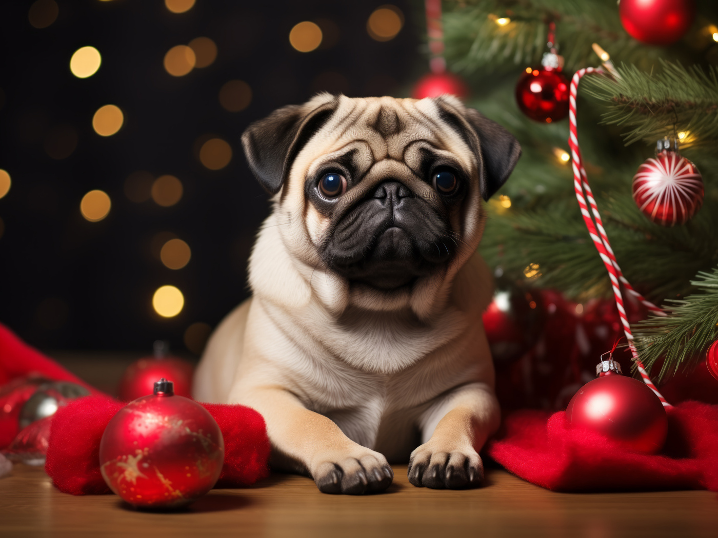 Мопс лежит у наряженой ели с красными шарами