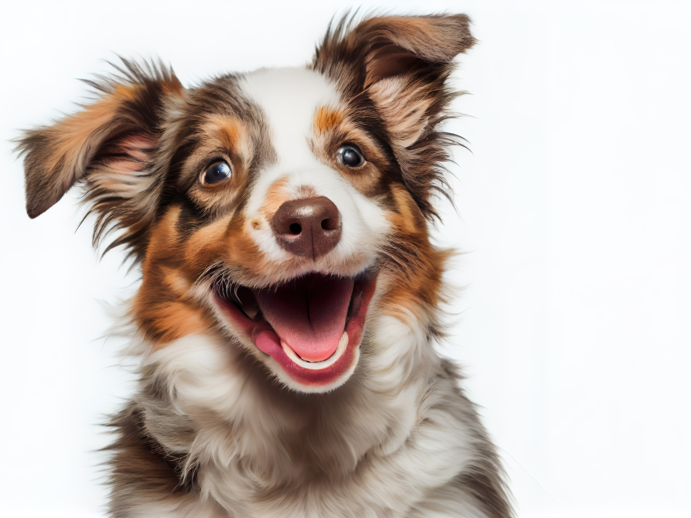 Веселый щенок с открытой пастью на белом фоне