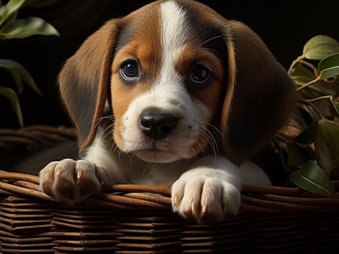 Маленький щенок в корзине с зелеными листьями