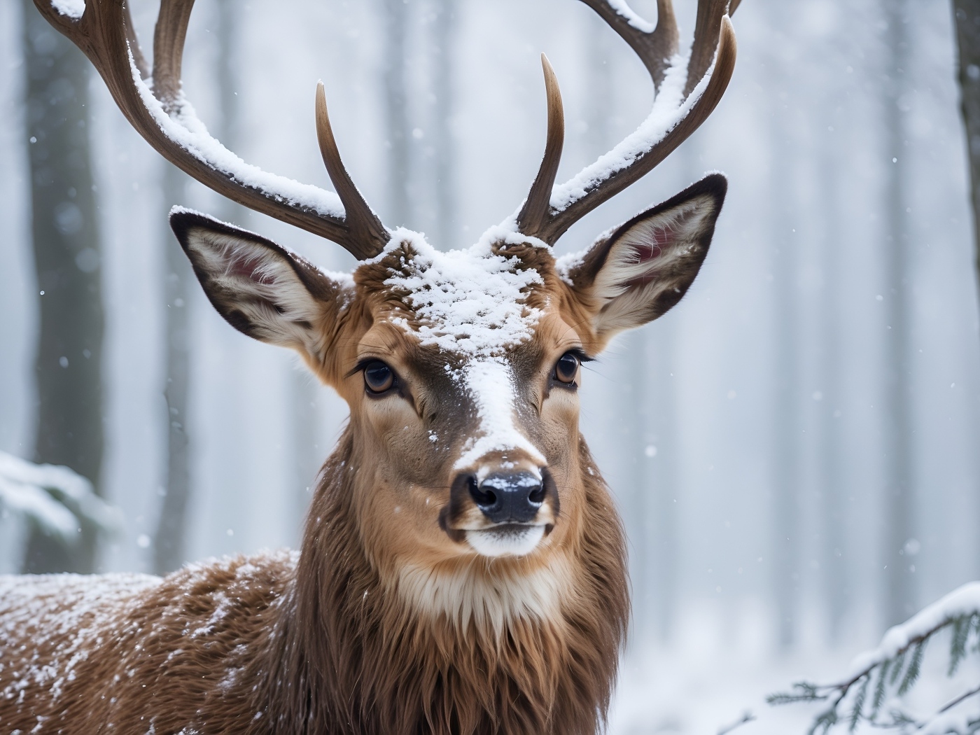 Большой олень в зимнем заснеженном лесу