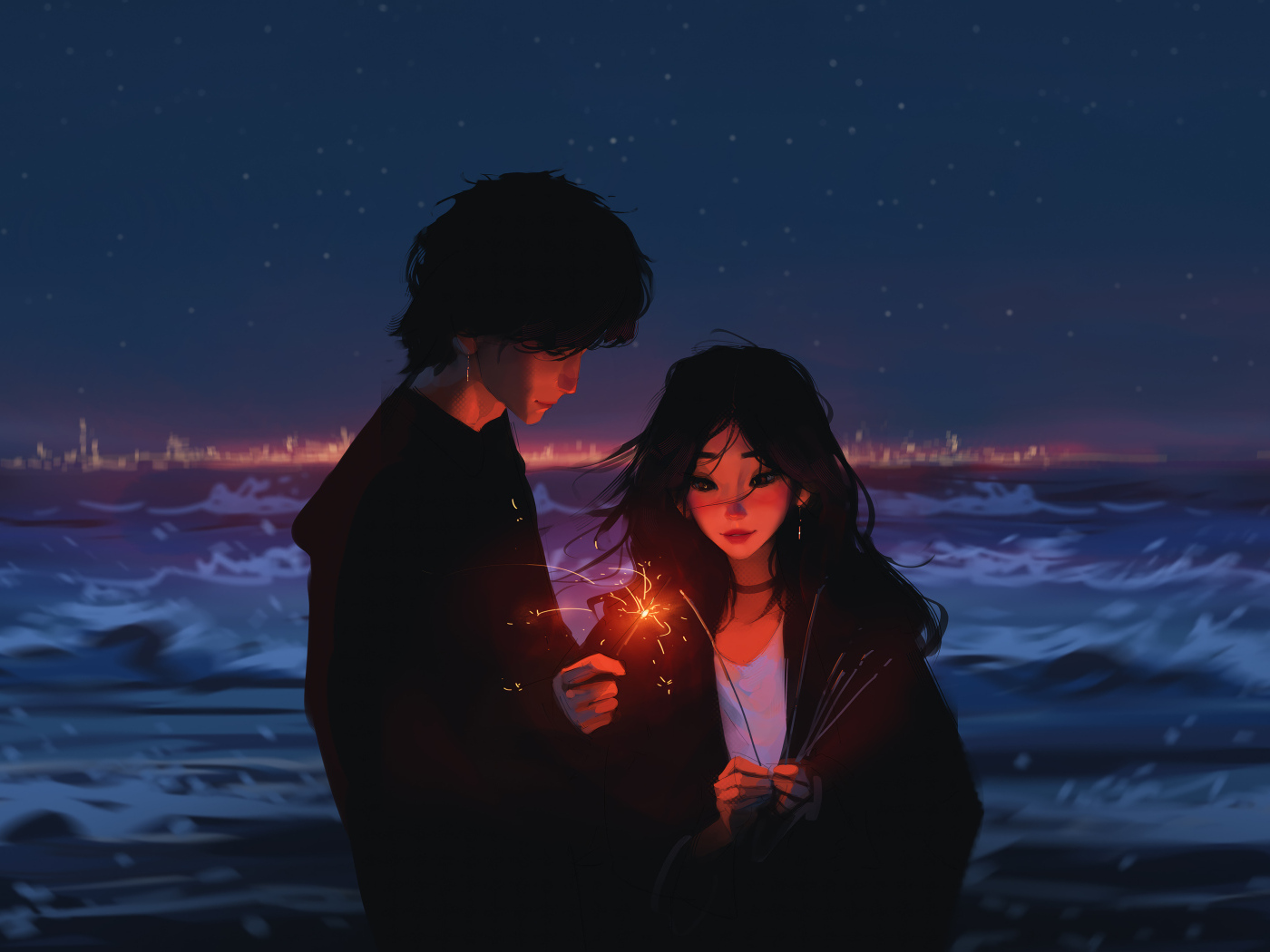 Пара аниме с бенгальскими огнями у воды