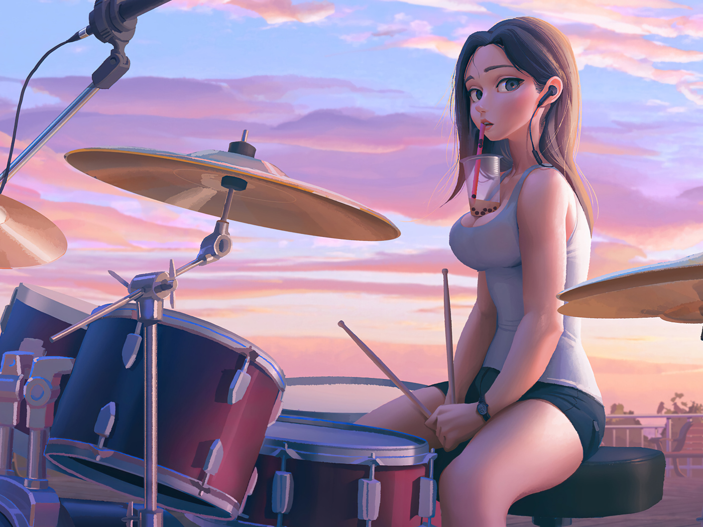 Девушка аниме за барабанной установкой