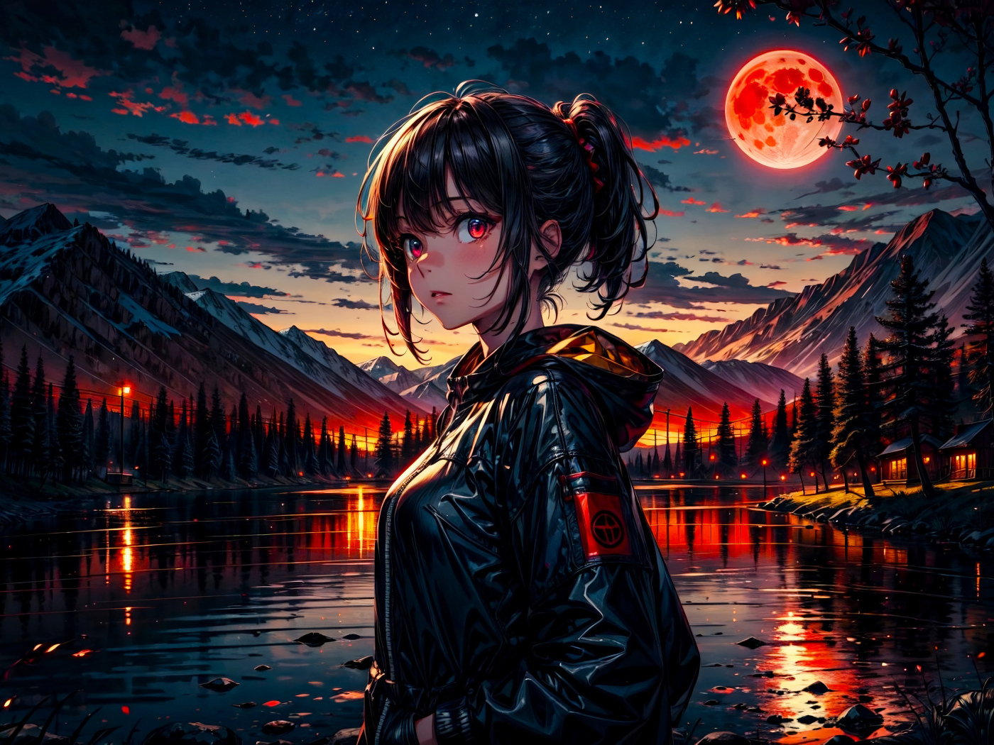 Девушка аниме в черной куртке у реки на фоне луны