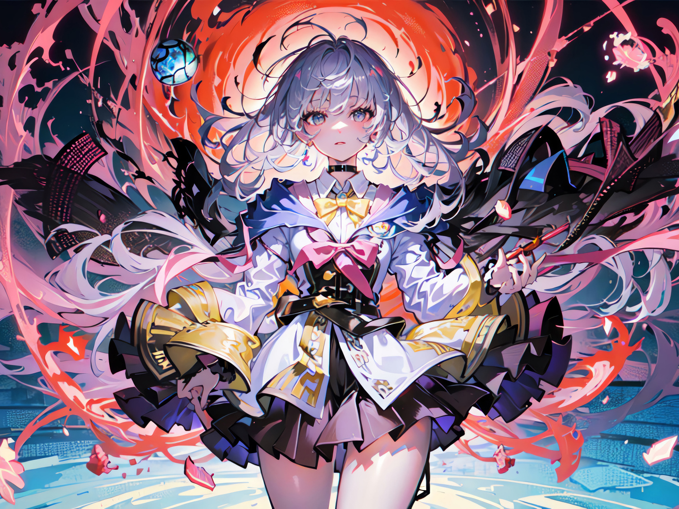 Девушка аниме в пышном платье у магического круга