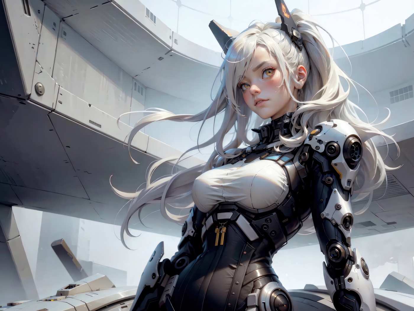 Девушка аниме в костюме на космическом корабле