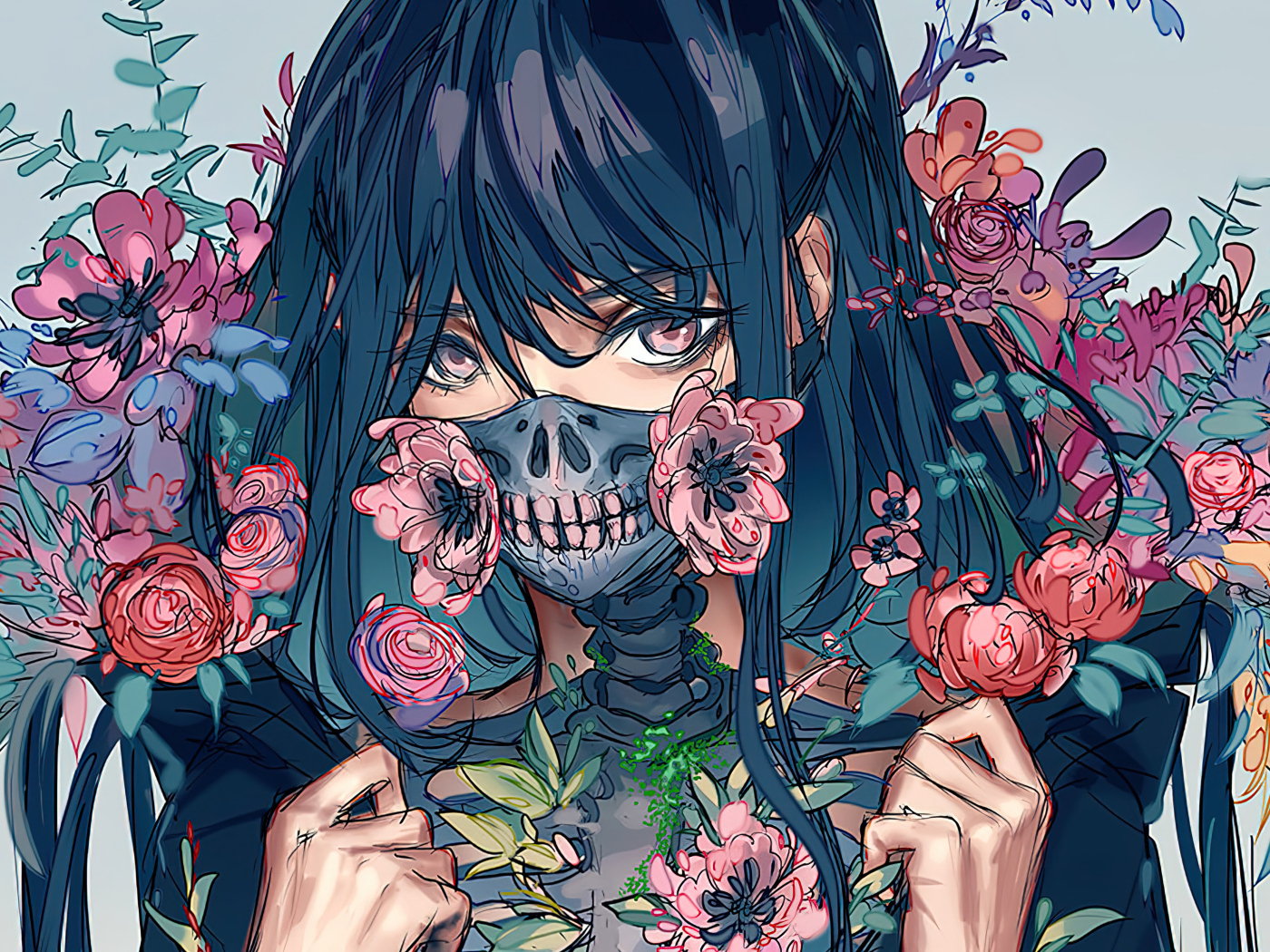 Девушка аниме в цветах с маской на лице
