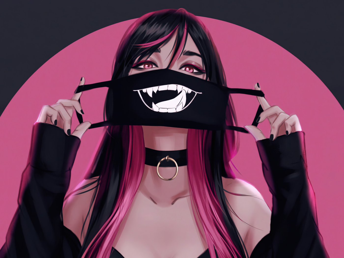 Девушка аниме с черной смешной маской на лице