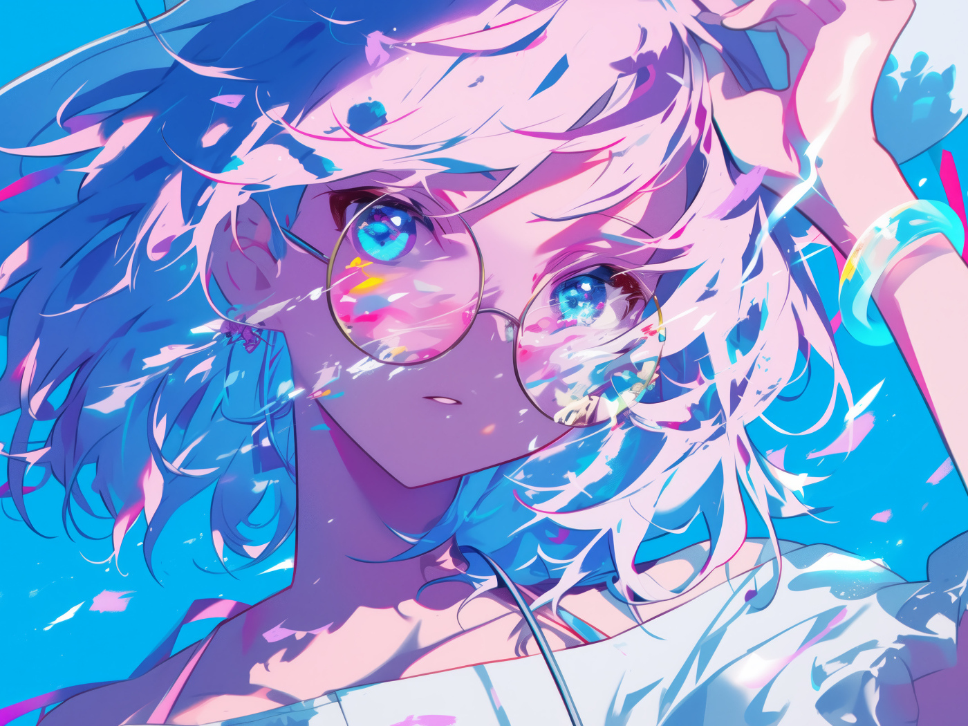 Аниме девушка в очках в лучах солнца на голубом фоне