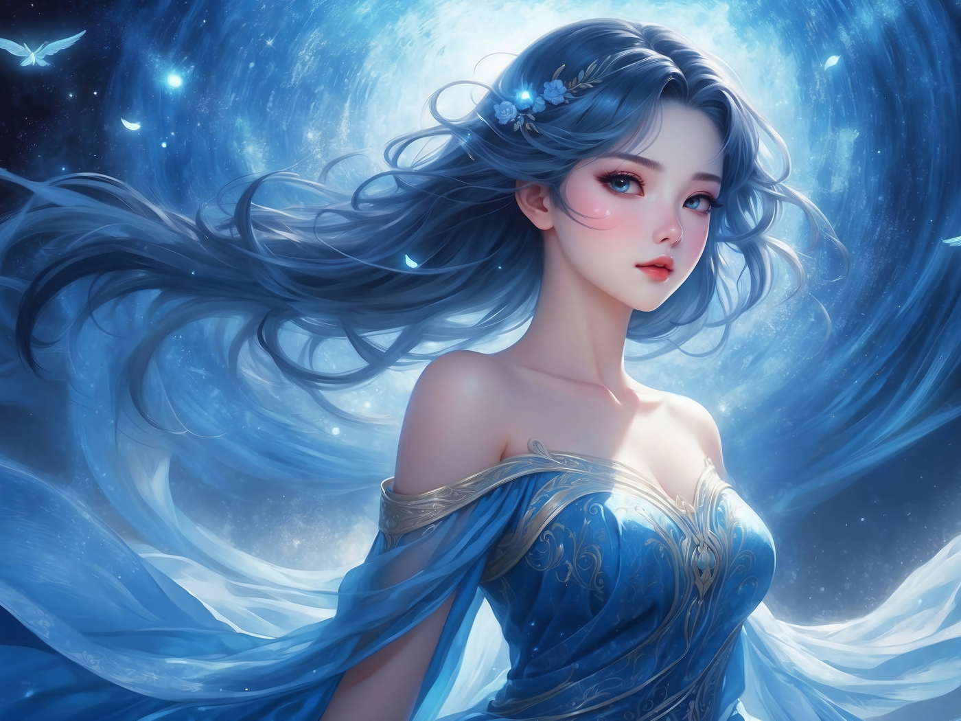 Красивая девушка аниме на фоне лунного сияния