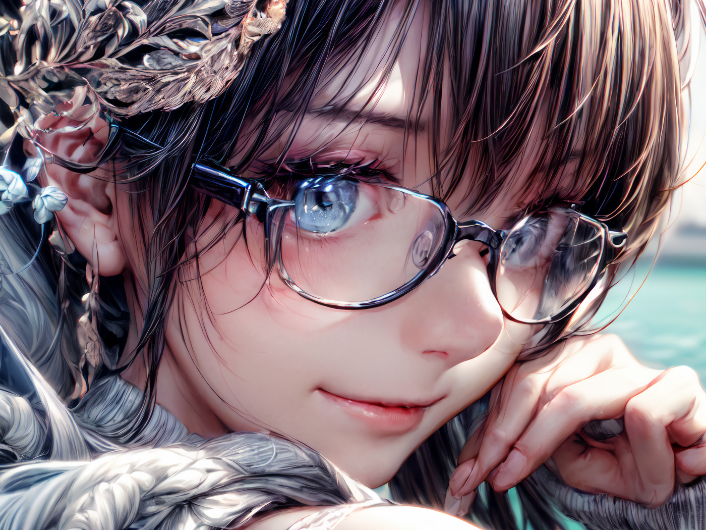Милая голубоглазая аниме девушка в очках