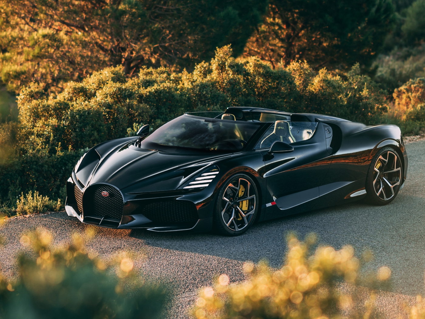 Черный быстрый автомобиль Bugatti W16 Mistral