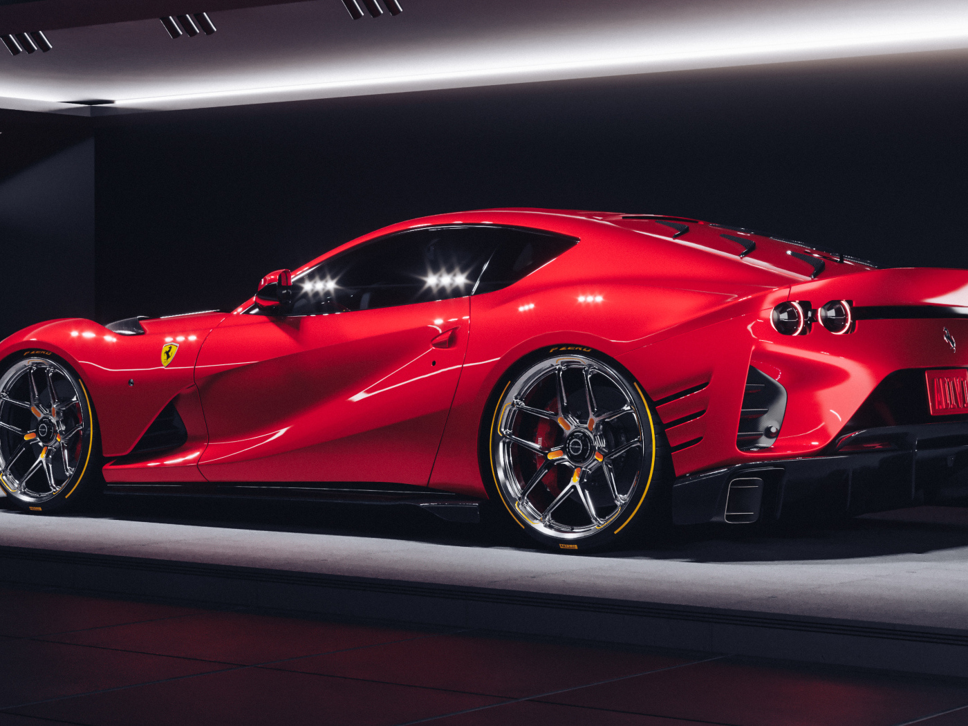 Красный быстрый автомобиль Ferrari 812 Competizione вид сзади