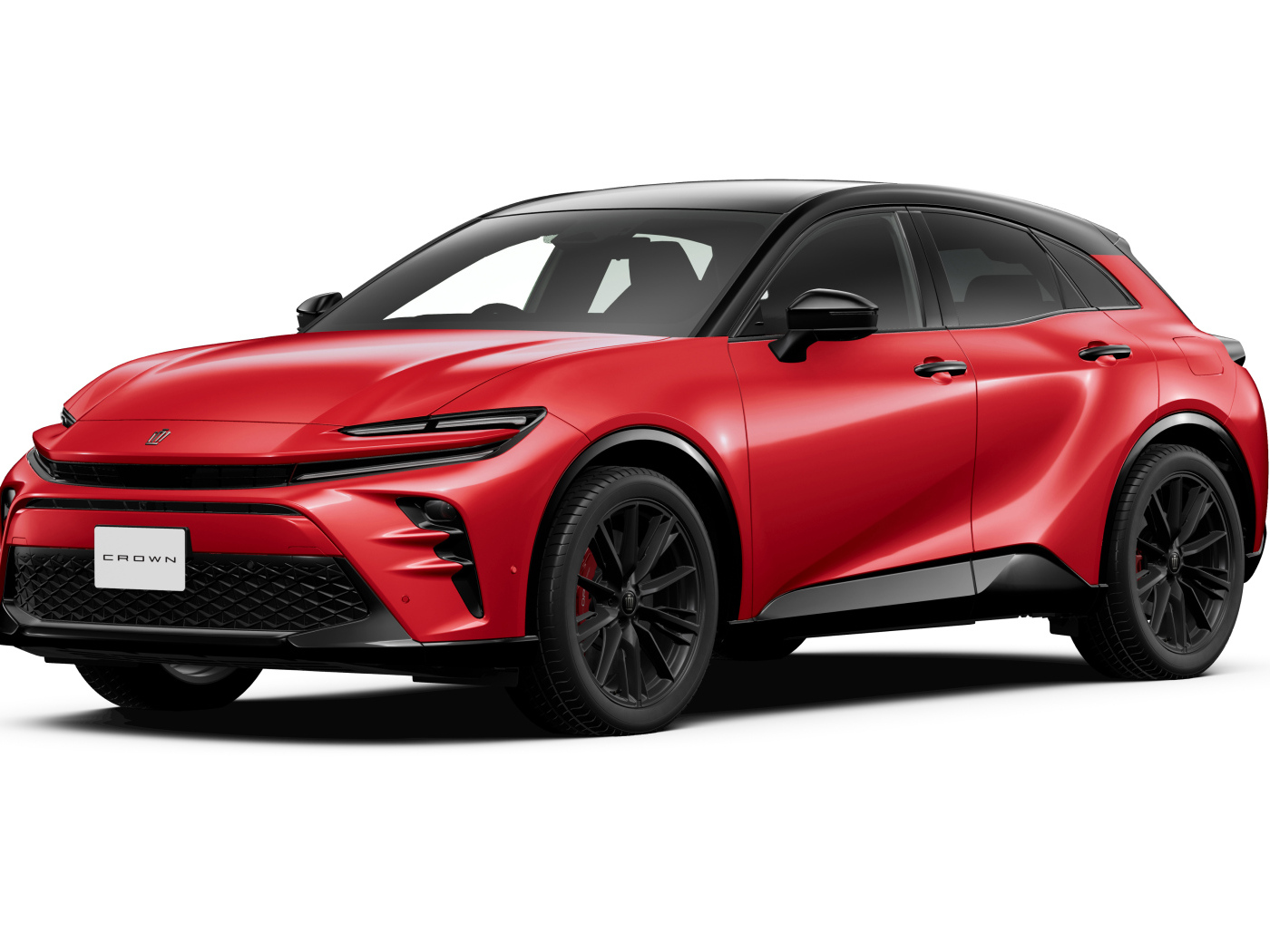 Красный автомобиль Toyota Crown Sport PHEV RS на белом фоне