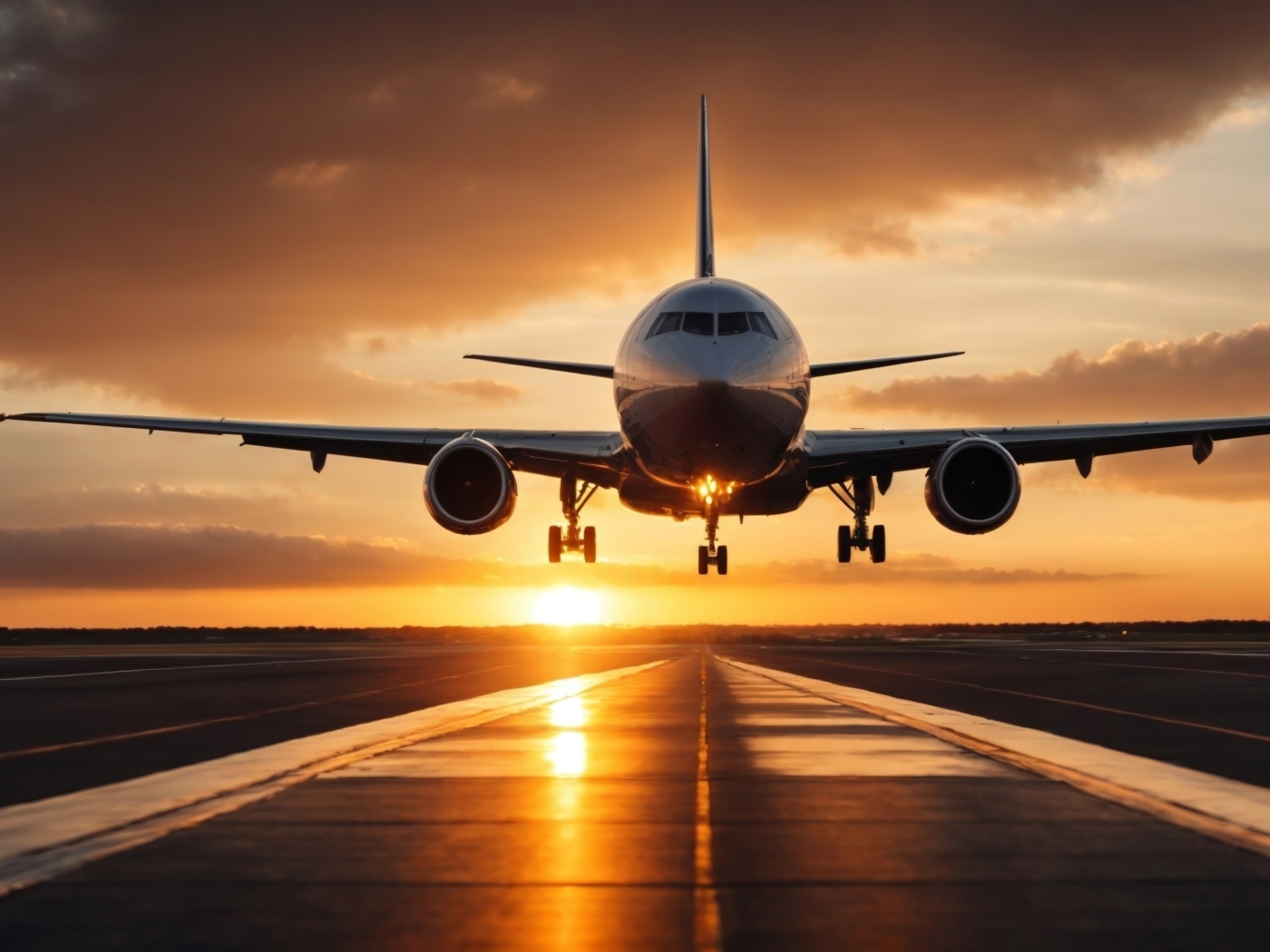 Большой пассажирский самолет взлетает на закате