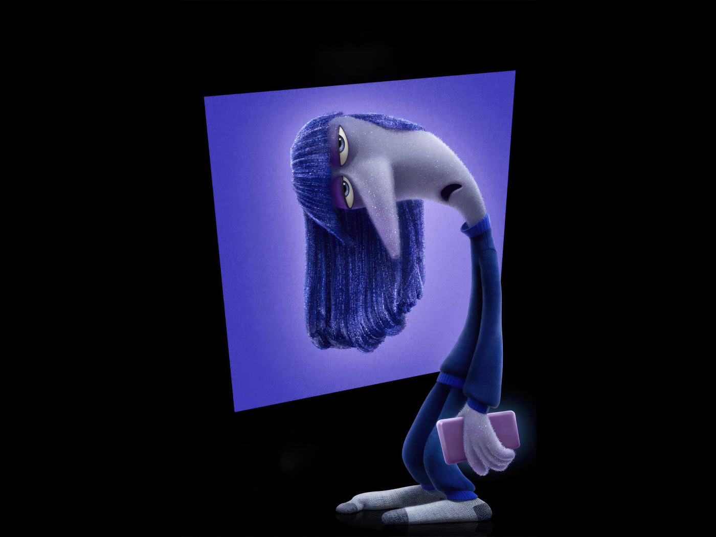 Персонаж Хандра нового мультфильма Головоломка 2 на черном фоне, 2024