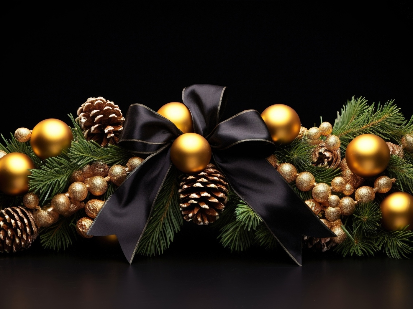 Рождественское украшение из еловой ветки с игрушками на черном фоне