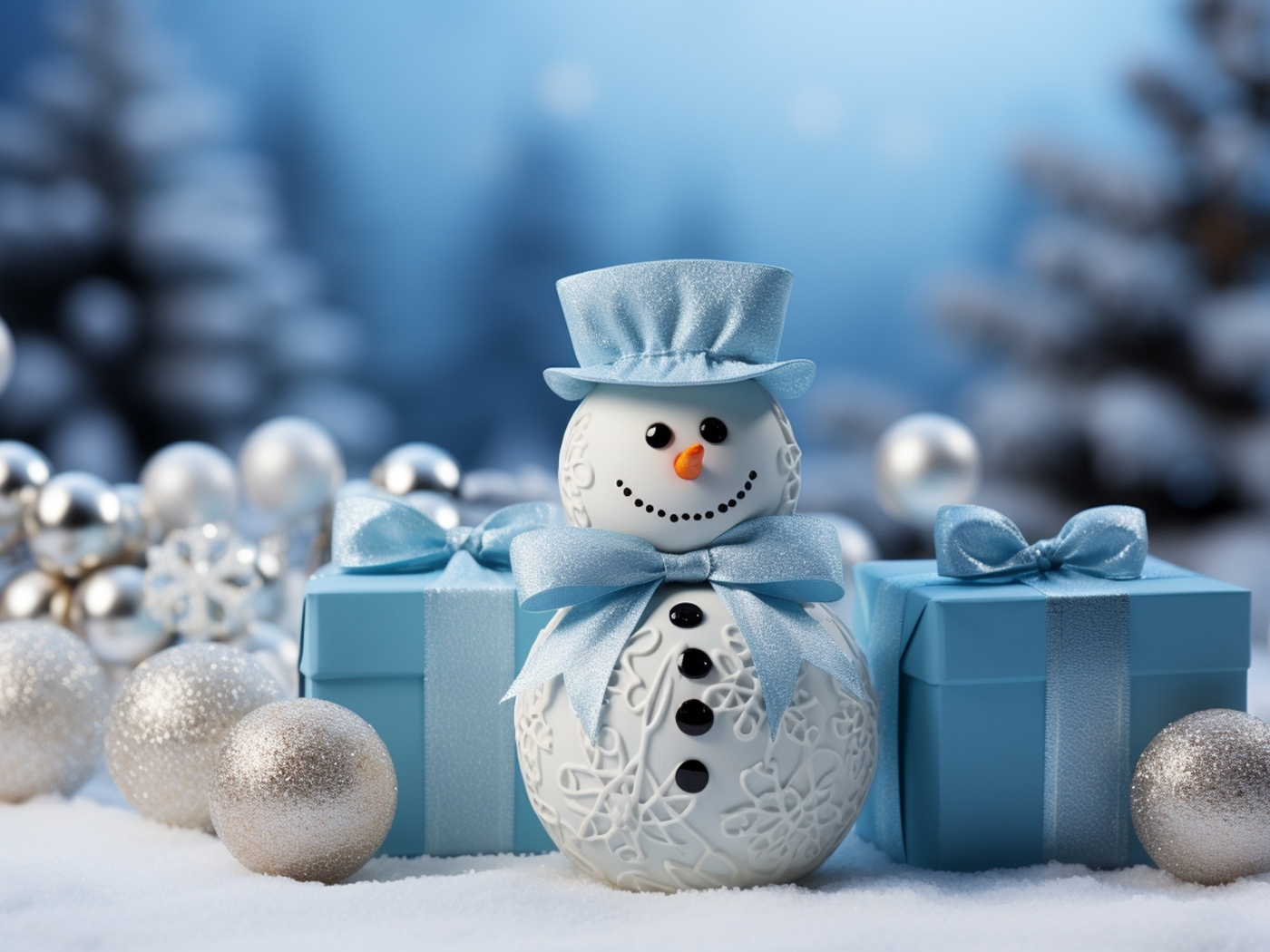 Снеговик с подарками и еловыми игрушками на Рождество