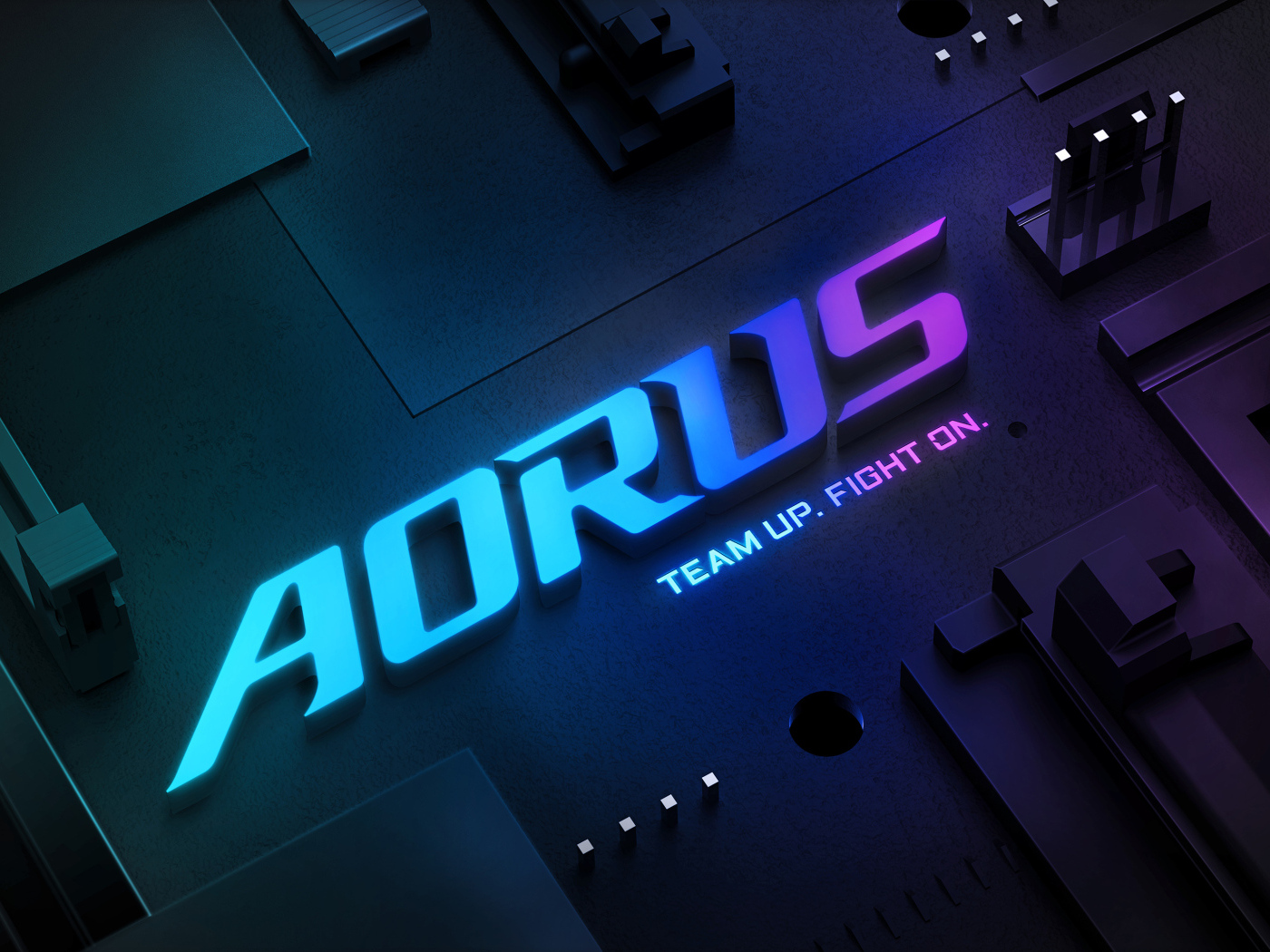 Неоновая надпись aorus gigabyte на железном фоне