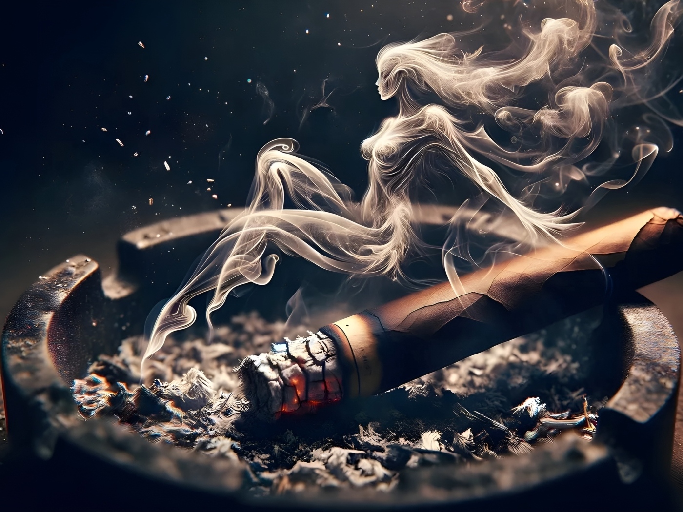 Сигара в пепельнице с дымом в форме девушки