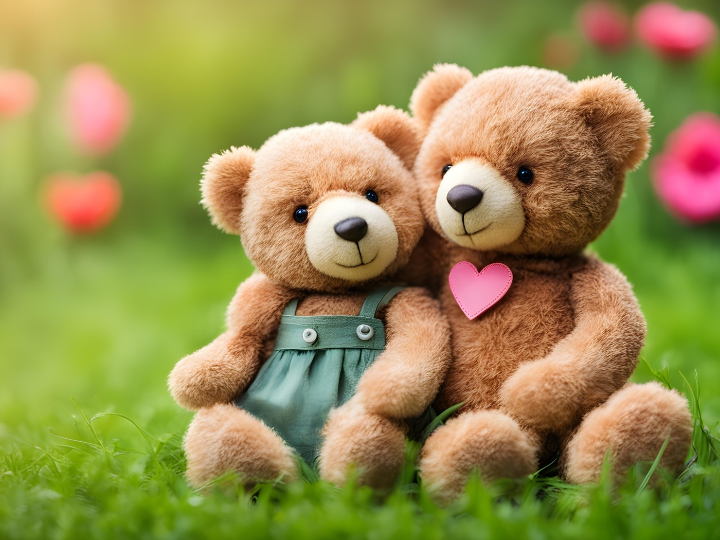 Два игрушечных медвежонка сидят на траве