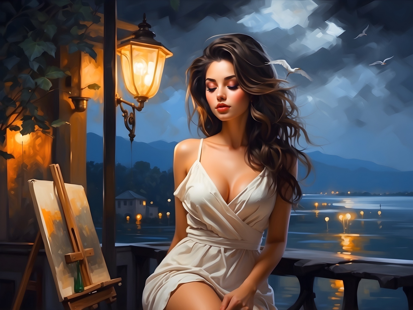 Красивая нарисованная девушка у воды