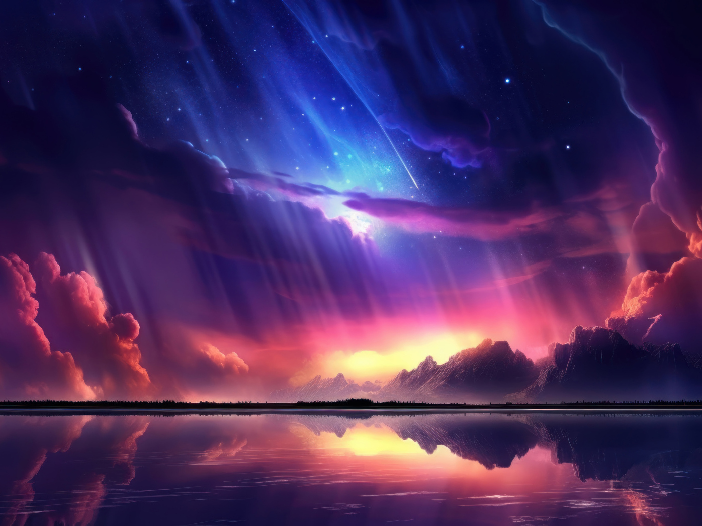 Красивое нарисованное небо с облаками над водой