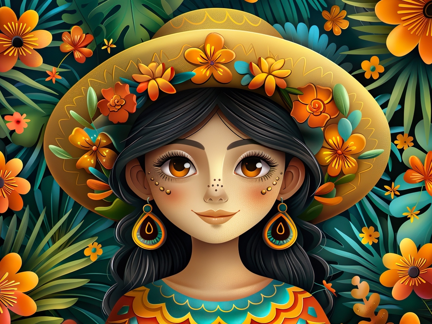 Нарисованная мексиканка в шляпе