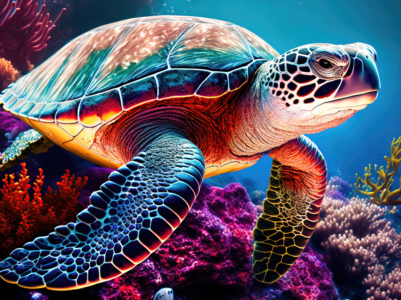 Нарисованная большая черепаха под водой