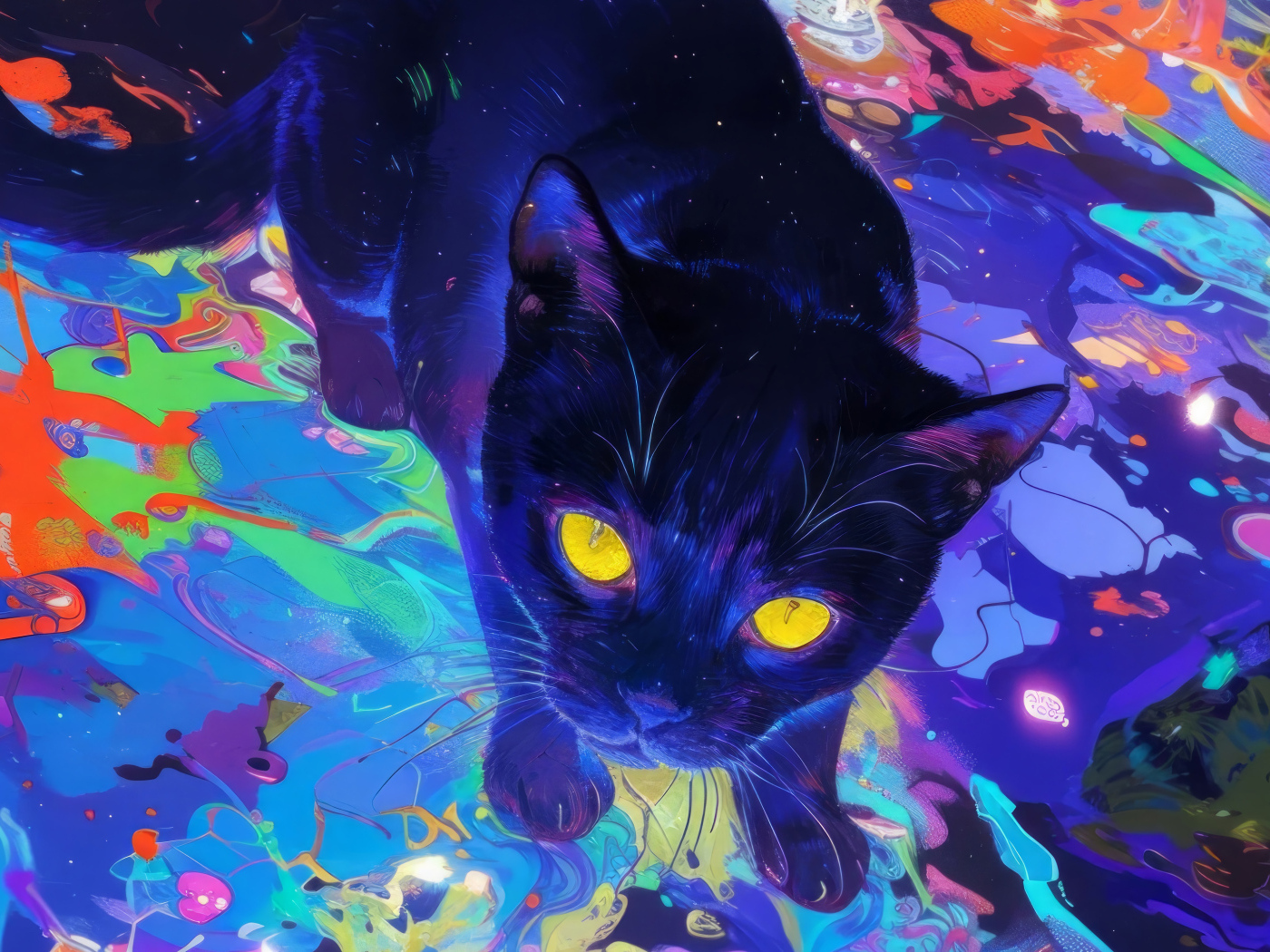 Нарисованный черный кот с желтыми глазами