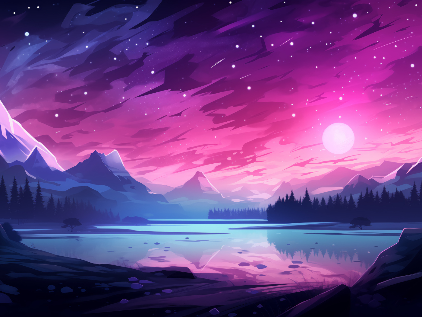 Нарисованные горы с розовым небом ночью