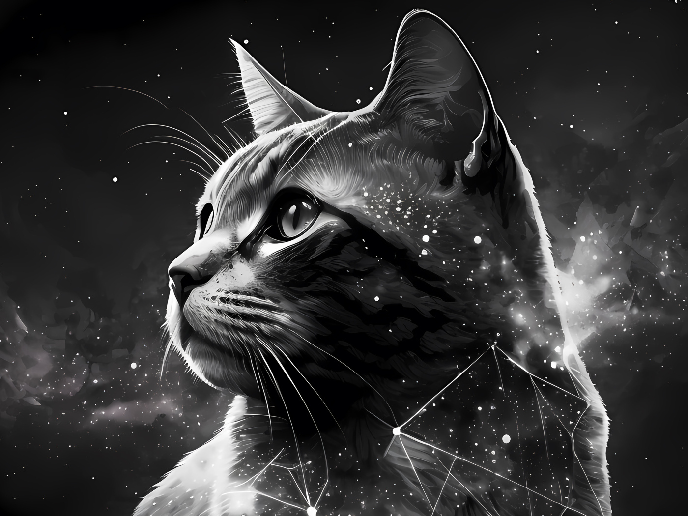 Нарисованный звездный кот на сером фоне