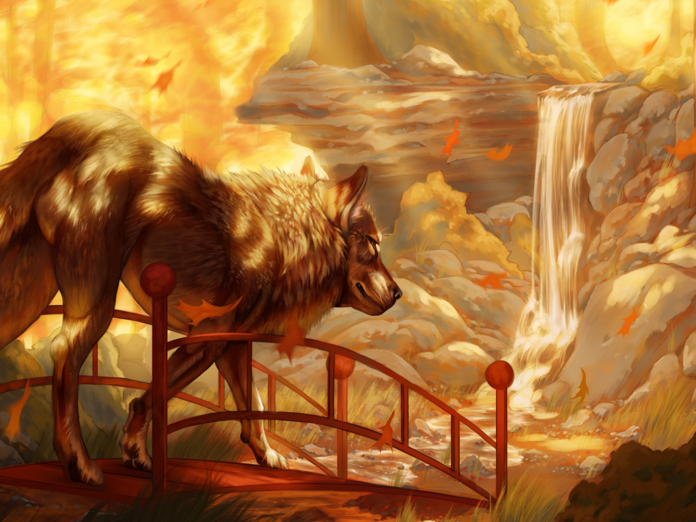 Нарисованный большой волк у водопада