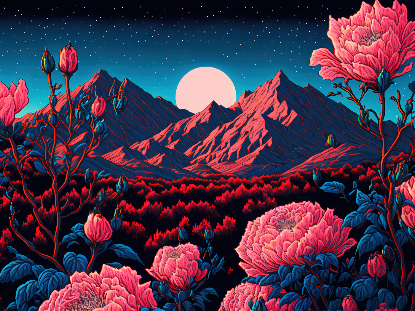 Нарисованные красные цветы в горах на фоне луны