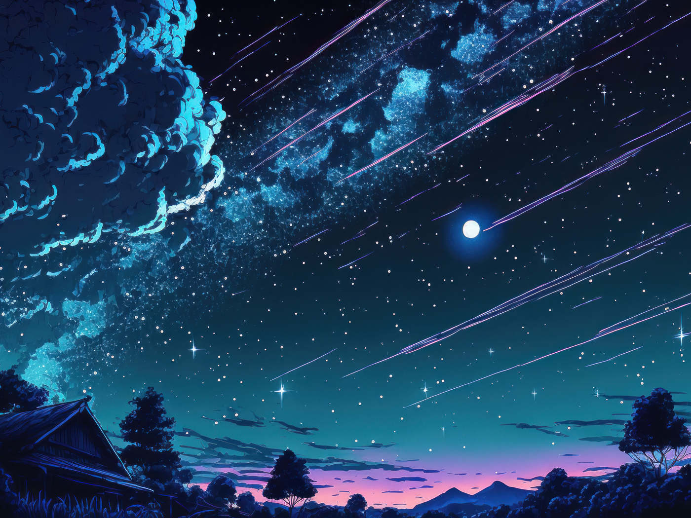 Нарисованное небо над домом и яркой луной