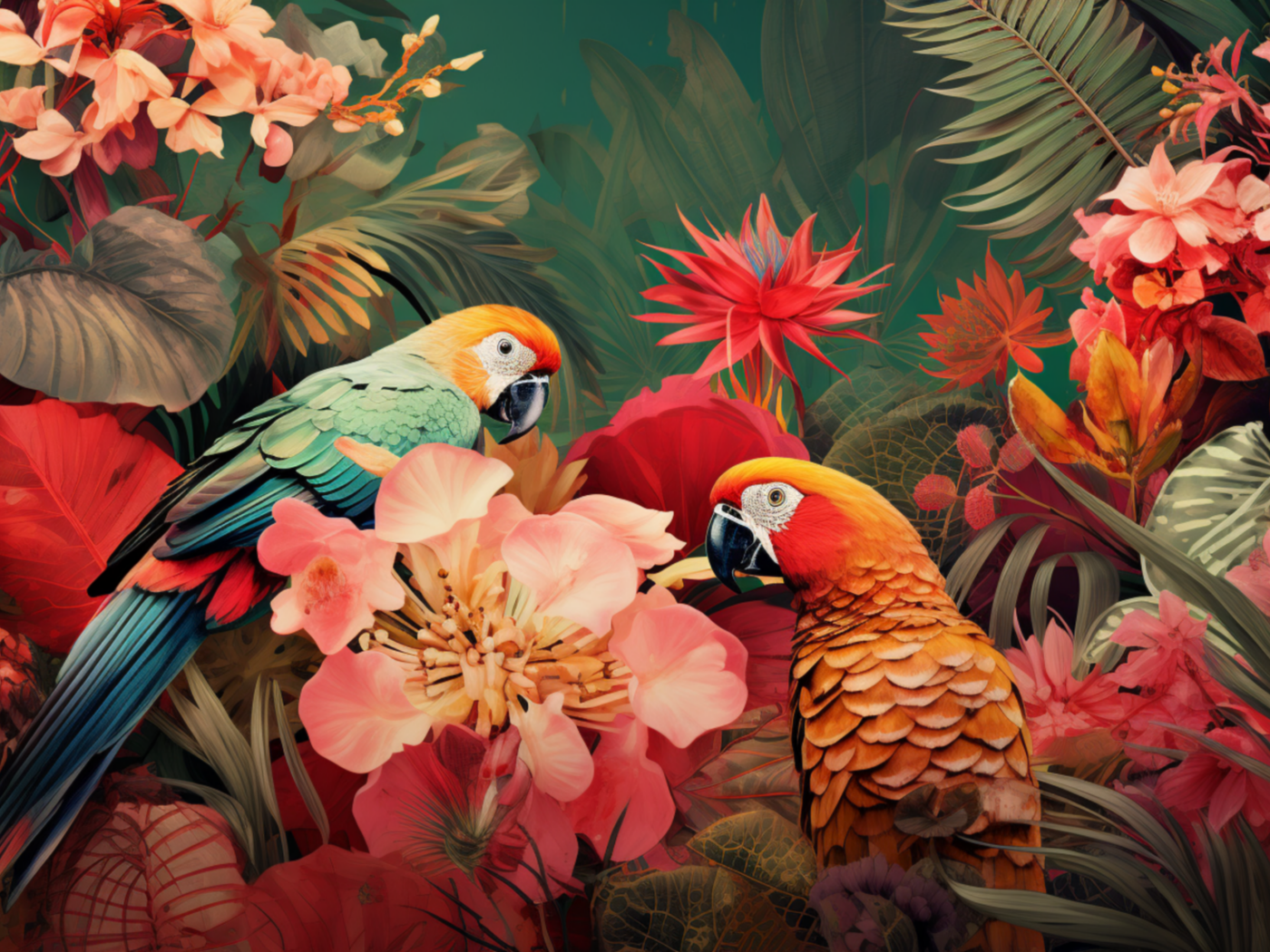 Два красивых попугая в цветах