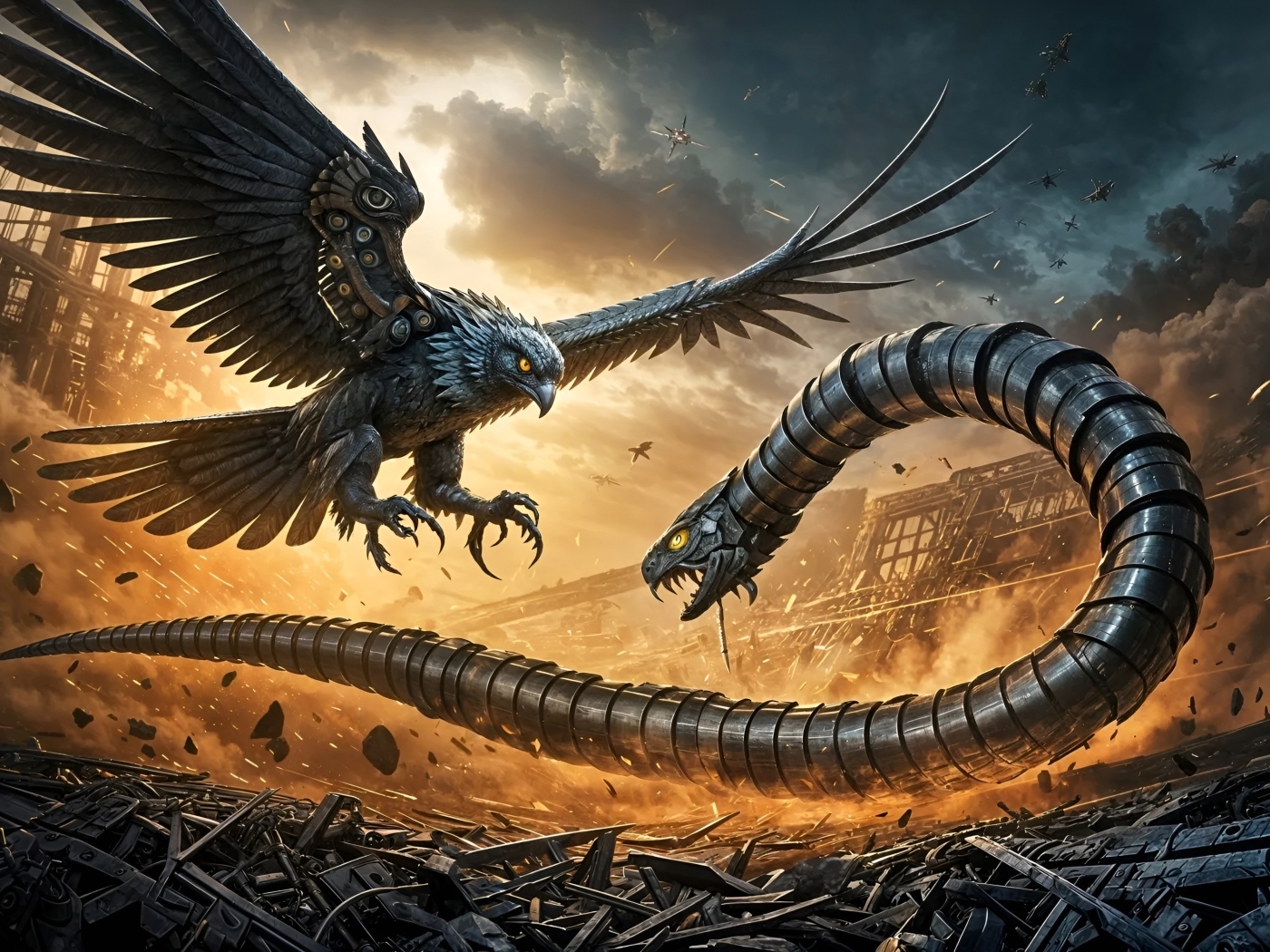 Бой в развалинах между роботом-птицей и роботом-змеей