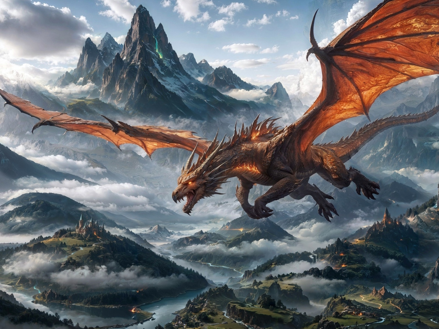 Большой дракон парит на горами