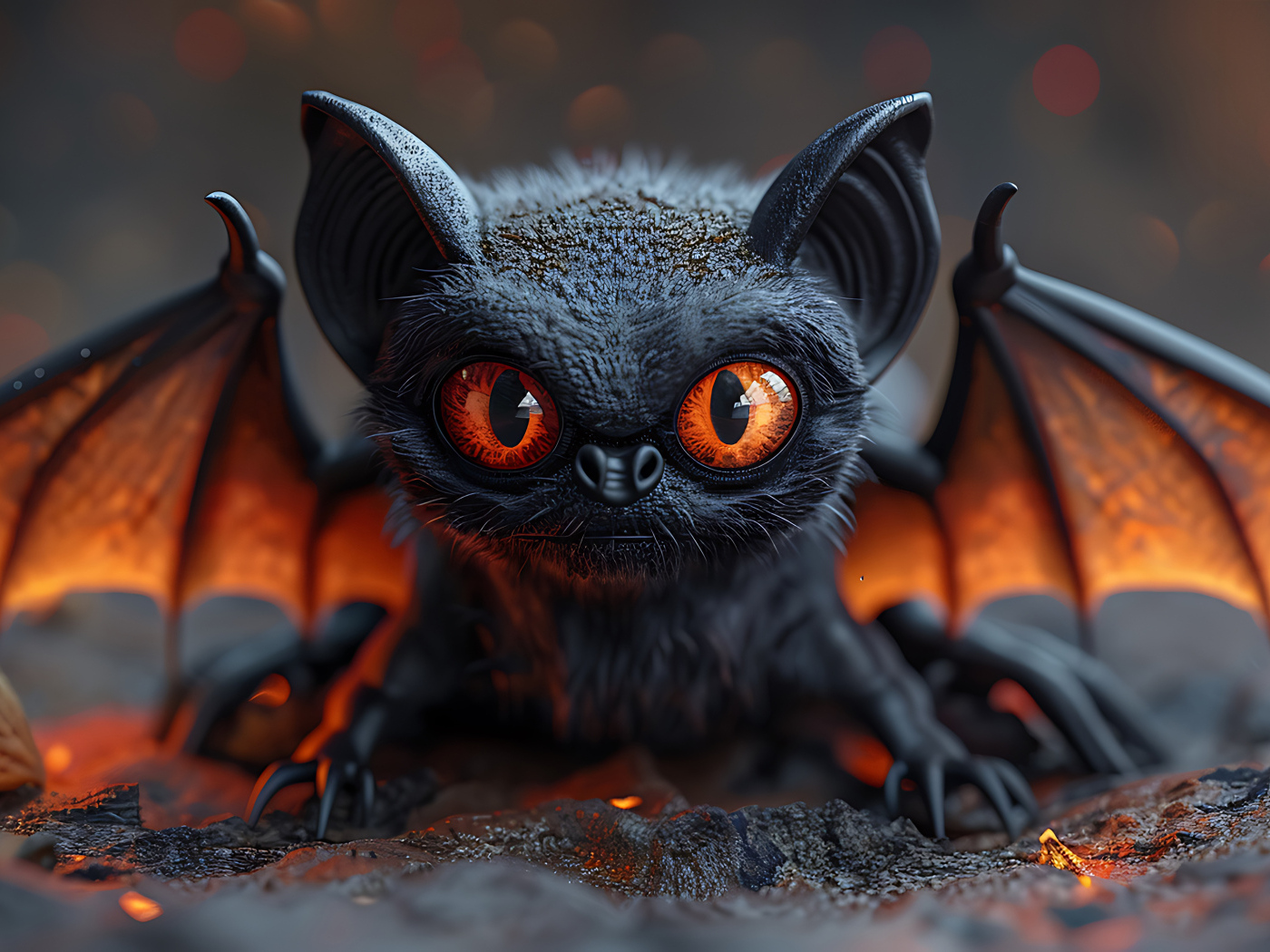 Маленькая летучая мышь с красными глазами расправила крылья