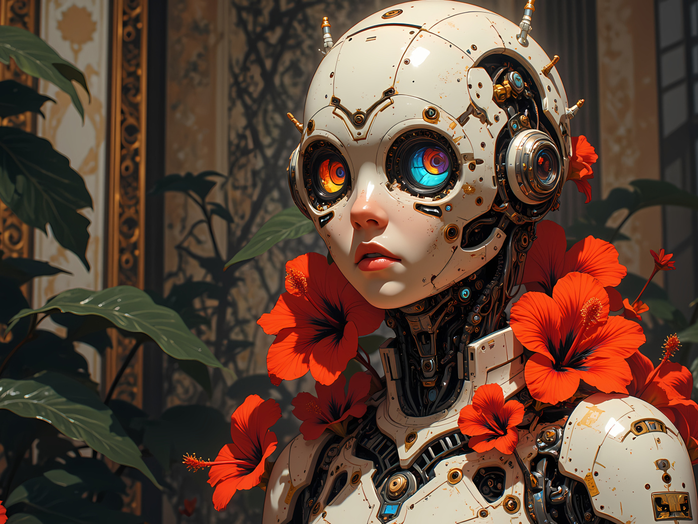 Андроид с большими глазами и телом на котором растут красные цветы