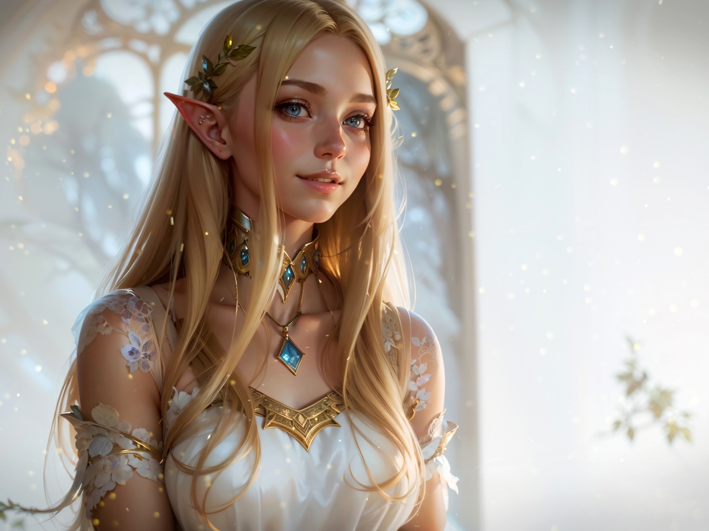 Красивая голубоглазая девушка эльф в белом платье