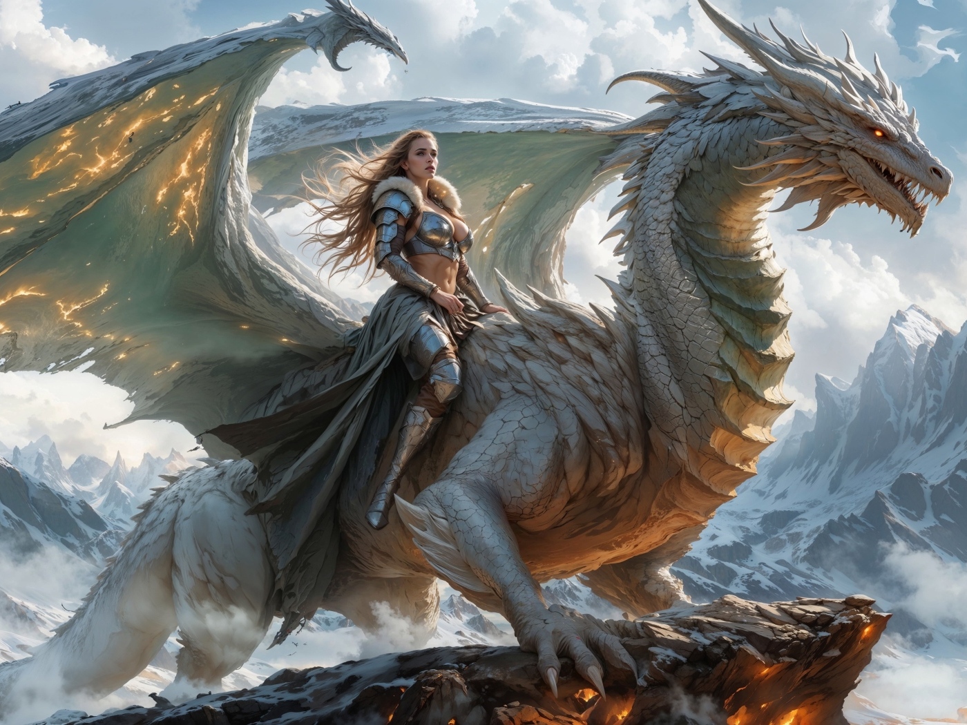 Красивая девушка воин верхом на драконе в горах