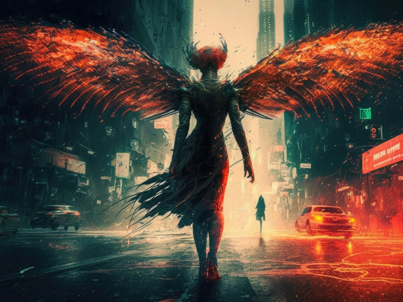 Девушка демон с крыльями на улице в городе