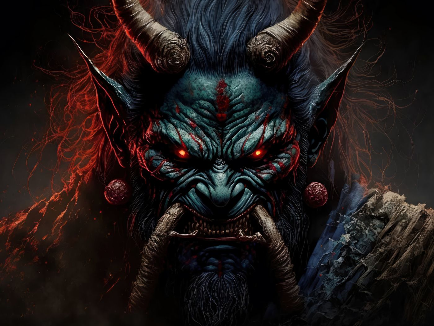 Демон с красными глазами крупным планом