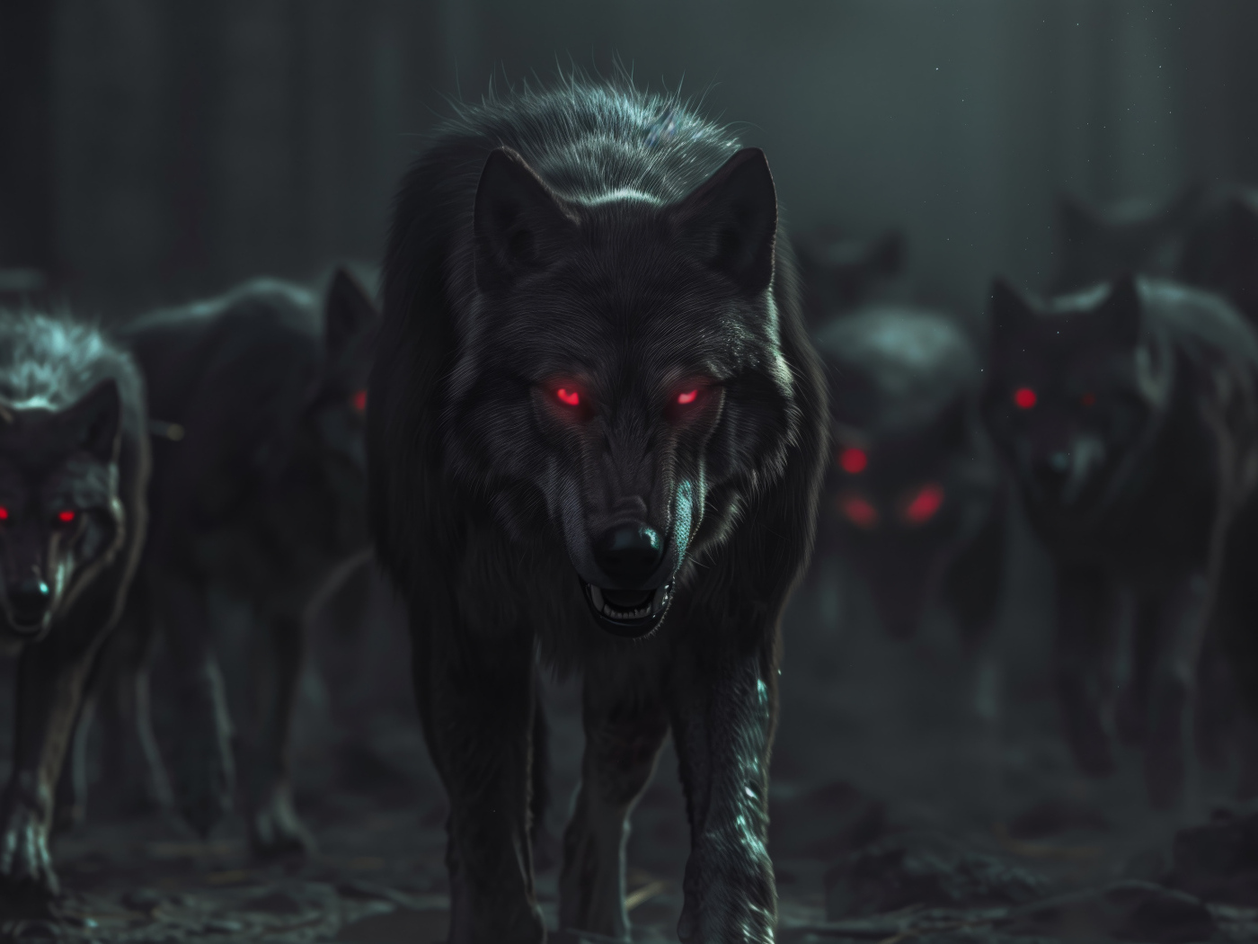 Фантастические волки с красными глазами
