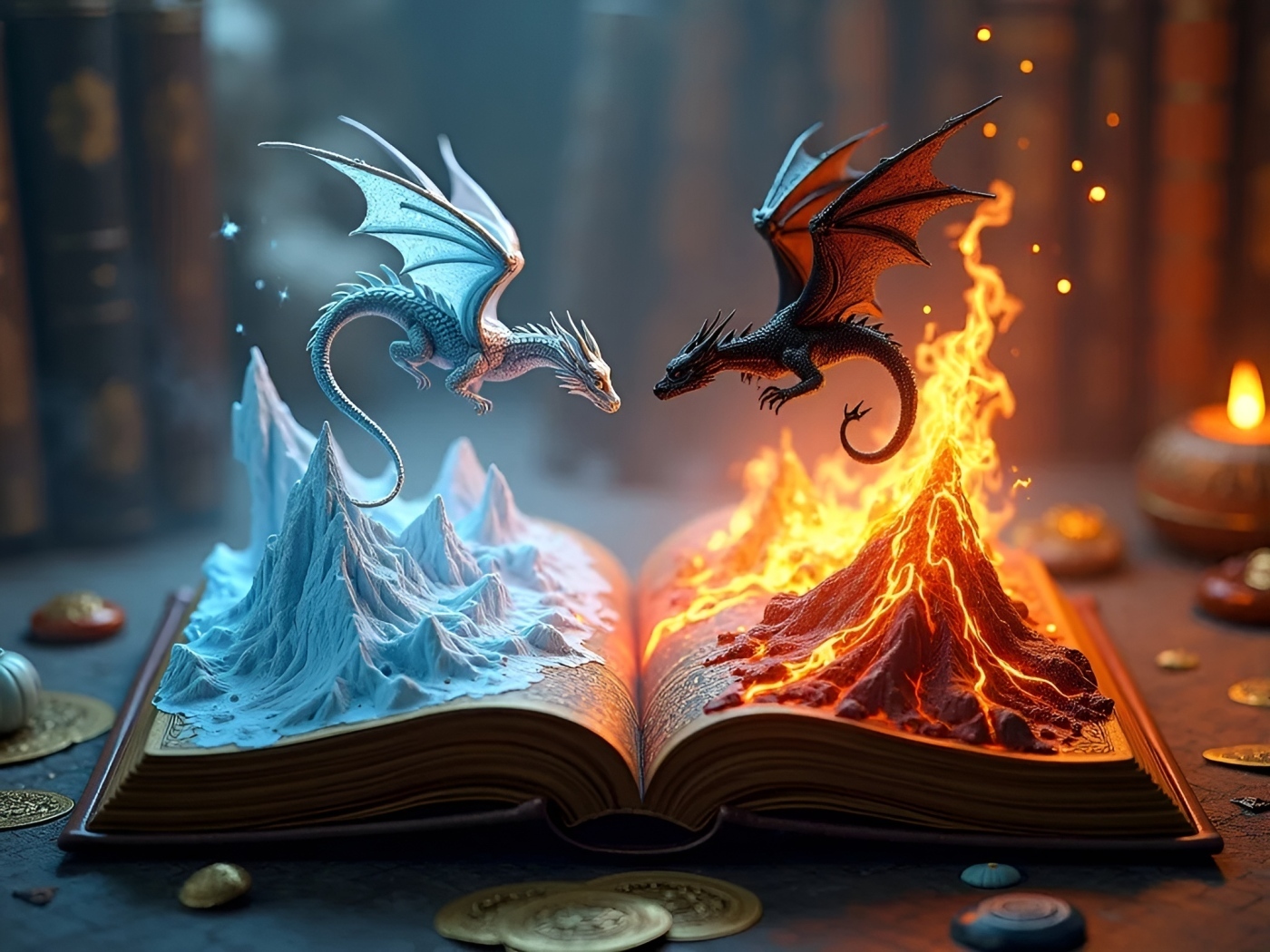 Огненный и снежный драконы парят над книгой