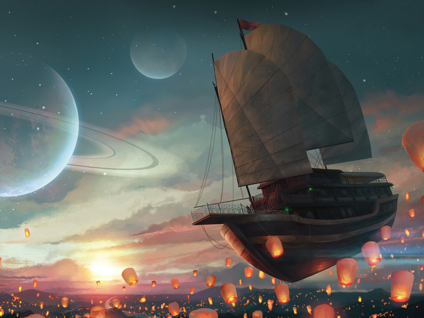 Летающий корабль в небе с китайскими фонариками