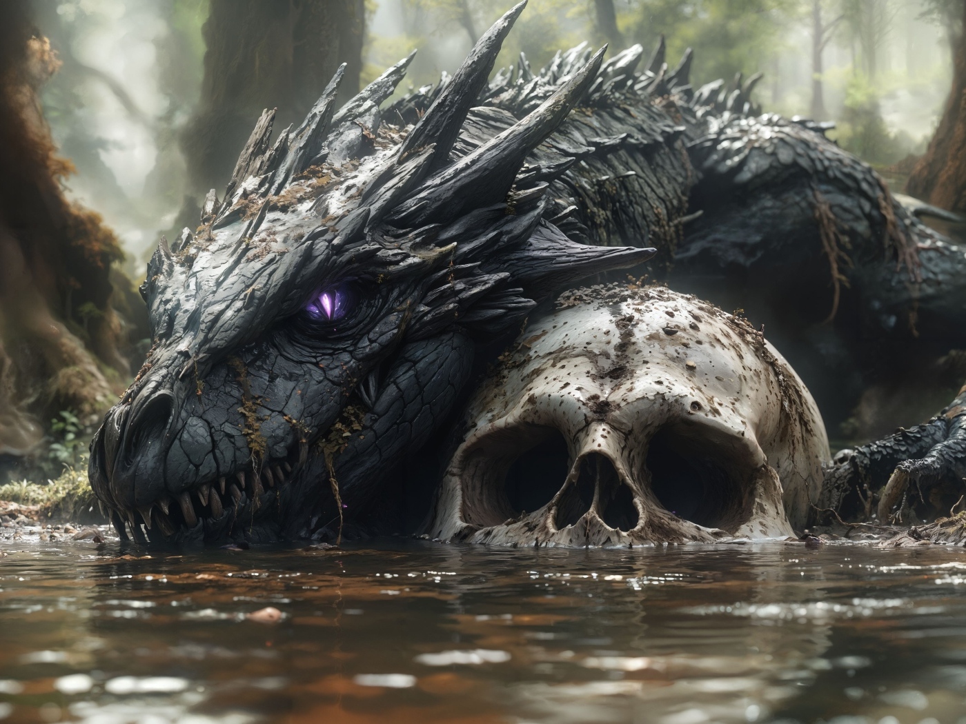 Лесной водяной монстр лежит в пруду на черепе