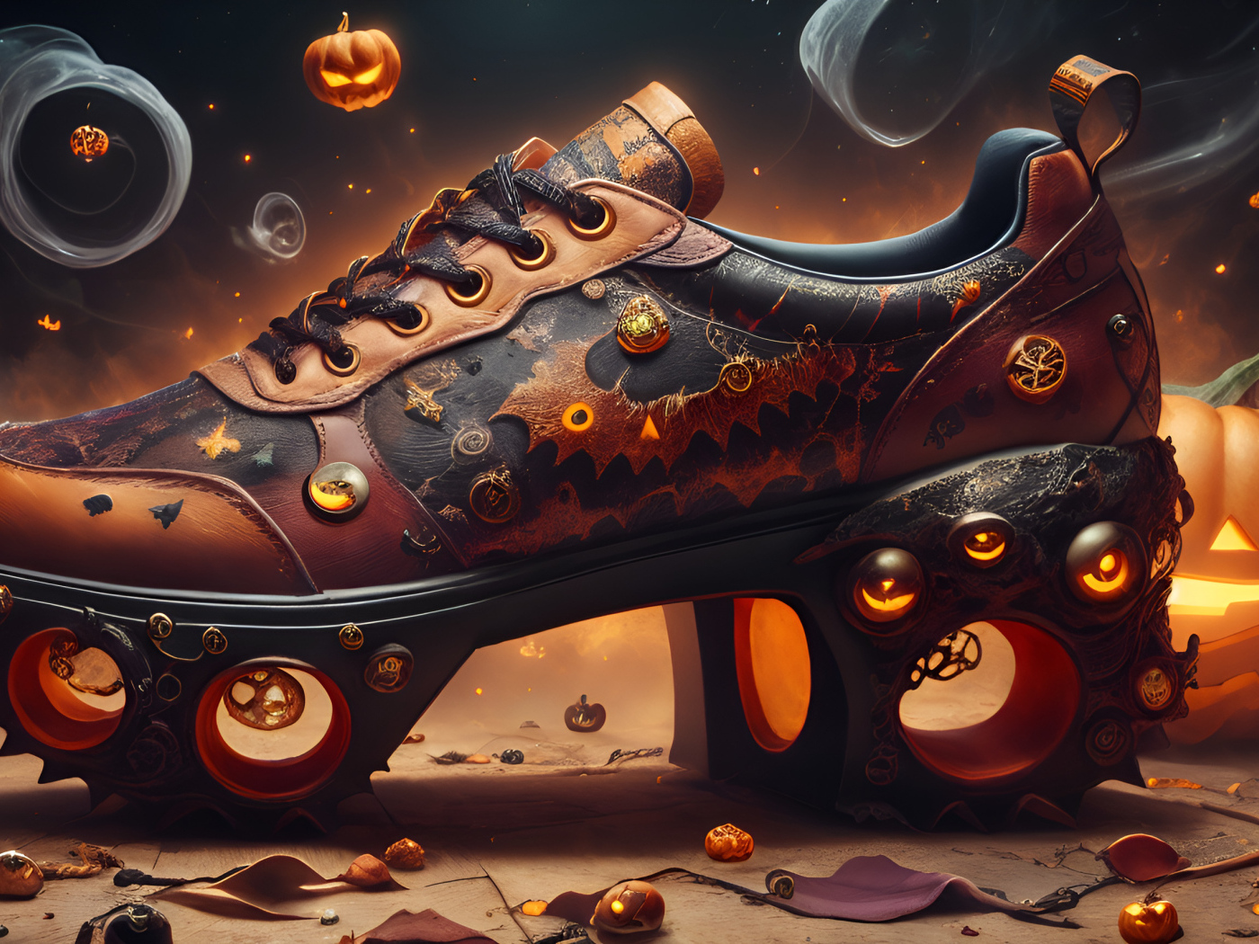 Футуристический кожаный ботинок на фоне светильников Джека в дыму