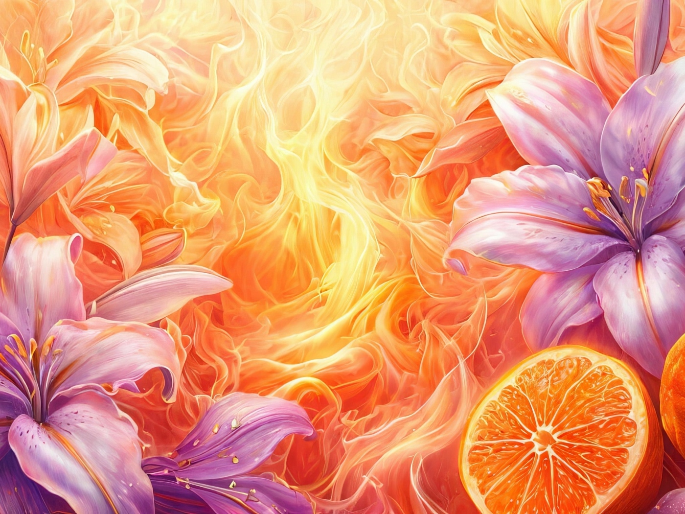 Lilies and oranges on a bright fiery background