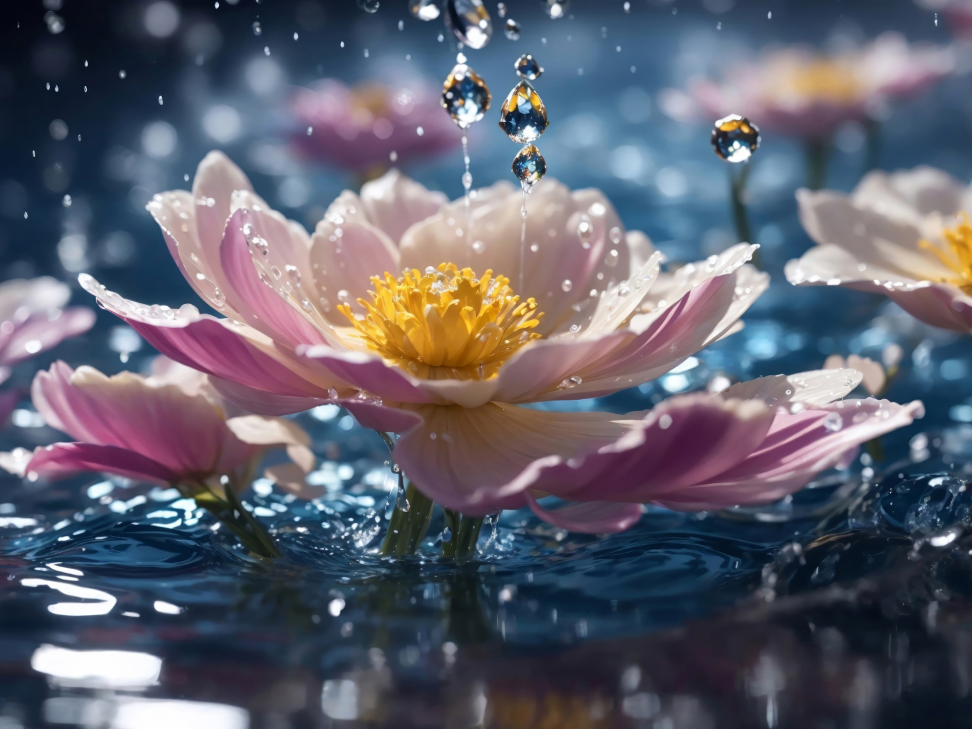 Розовые фантастические цветы в воде под дождем